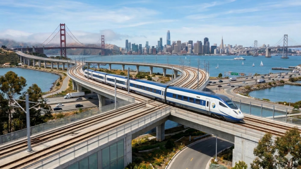 An imagined AI depiction of California high speed rail