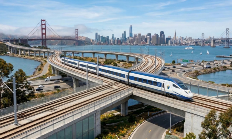 An imagined AI depiction of California high speed rail
