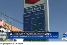 Gas station sign displaying gas for $8.21