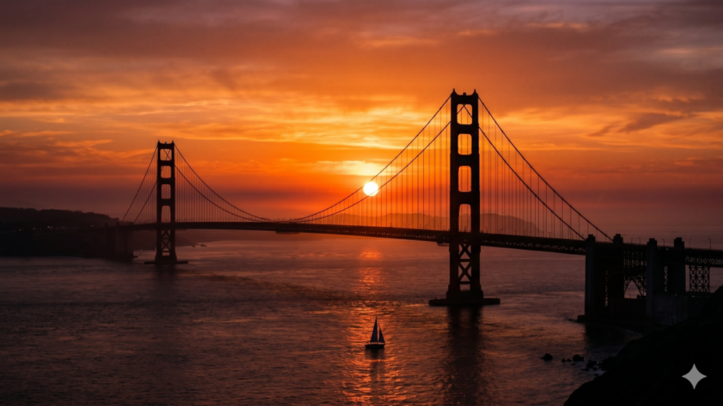 The sun setting behind the Glolden Gate Bridge