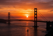 The sun setting behind the Glolden Gate Bridge