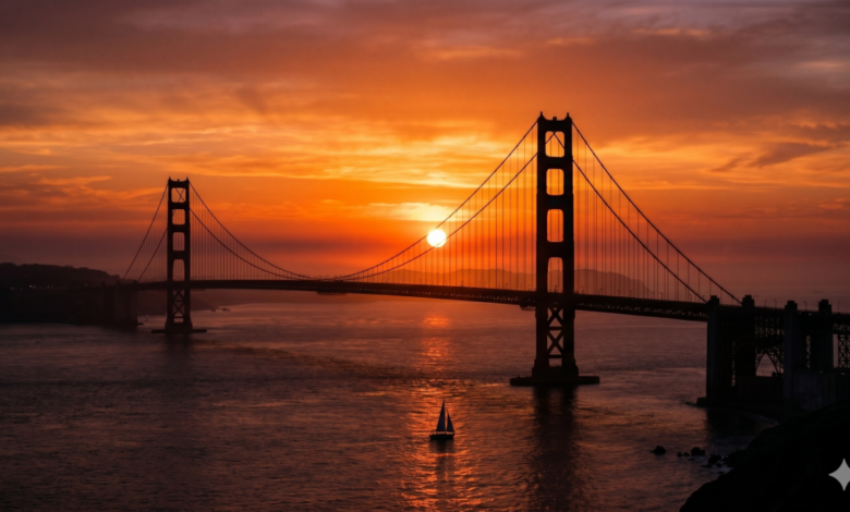 The sun setting behind the Glolden Gate Bridge