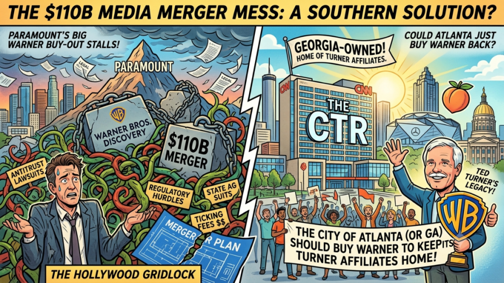 A split-screen, editorial cartoon-style illustration highlighting a media merger comparison. On the left side, labeled "The Hollywood Gridlock," a distressed suit-wearing executive is tangled in green vines amidst floating legal papers, with a mountain marked "Paramount" and chained boulders labeled "Warner Bros. Discovery," "$110B Merger," "Antitrust Lawsuits," "Regulatory Hurdles," and "Ticking Fees $$" set against a hazy city skyline. On the right side, labeled "Could Atlanta Just Buy Warner Back?", a bright and sunny scene depicts "The CTR" building in downtown Atlanta with a peach, the Mercedes-Benz Stadium, and Georgia State Capitol in the background. In the foreground, a caricatured figure representing Ted Turner holds a Warner Bros. shield trophy while a crowd celebrates with a banner reading, "The City of Atlanta (or GA) Should Buy Warner to Keep Its Turner Affiliates Home!"