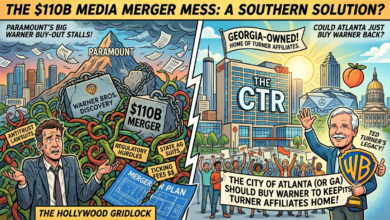 A split-screen, editorial cartoon-style illustration highlighting a media merger comparison. On the left side, labeled "The Hollywood Gridlock," a distressed suit-wearing executive is tangled in green vines amidst floating legal papers, with a mountain marked "Paramount" and chained boulders labeled "Warner Bros. Discovery," "$110B Merger," "Antitrust Lawsuits," "Regulatory Hurdles," and "Ticking Fees $$" set against a hazy city skyline. On the right side, labeled "Could Atlanta Just Buy Warner Back?", a bright and sunny scene depicts "The CTR" building in downtown Atlanta with a peach, the Mercedes-Benz Stadium, and Georgia State Capitol in the background. In the foreground, a caricatured figure representing Ted Turner holds a Warner Bros. shield trophy while a crowd celebrates with a banner reading, "The City of Atlanta (or GA) Should Buy Warner to Keep Its Turner Affiliates Home!"