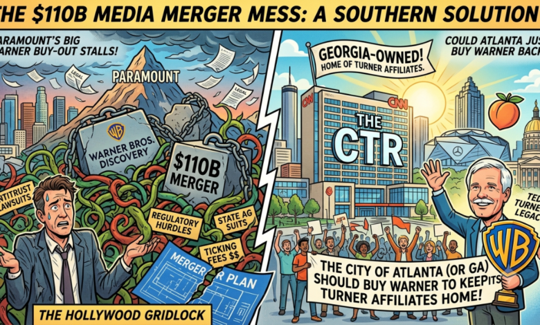 A split-screen, editorial cartoon-style illustration highlighting a media merger comparison. On the left side, labeled "The Hollywood Gridlock," a distressed suit-wearing executive is tangled in green vines amidst floating legal papers, with a mountain marked "Paramount" and chained boulders labeled "Warner Bros. Discovery," "$110B Merger," "Antitrust Lawsuits," "Regulatory Hurdles," and "Ticking Fees $$" set against a hazy city skyline. On the right side, labeled "Could Atlanta Just Buy Warner Back?", a bright and sunny scene depicts "The CTR" building in downtown Atlanta with a peach, the Mercedes-Benz Stadium, and Georgia State Capitol in the background. In the foreground, a caricatured figure representing Ted Turner holds a Warner Bros. shield trophy while a crowd celebrates with a banner reading, "The City of Atlanta (or GA) Should Buy Warner to Keep Its Turner Affiliates Home!"
